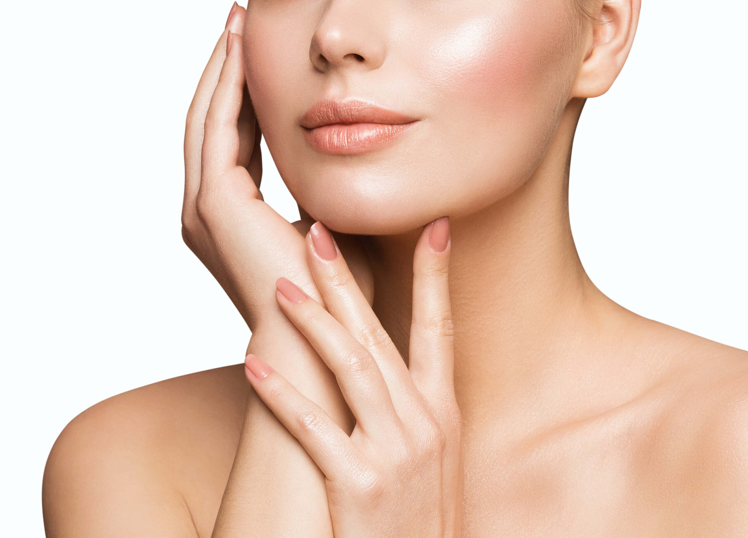 Woman holding her face after a consultation between the Chemical peel and hydrafacial treatment