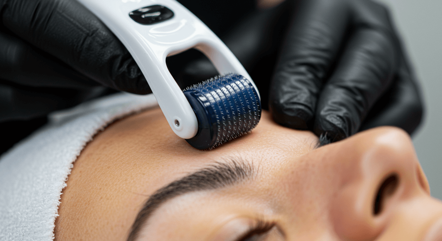 A close-up of a dermatologist performing a microneedling procedure on a patient’s face using a professional dermaroller. The skin appears slightly red, indicating the treatment’s effects, in a clean and modern skincare clinic