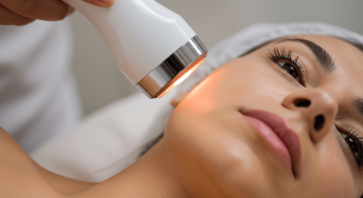 A woman receiving a multipolar radio frequency facial treatment in a professional skincare clinic. A sleek RF device with a glowing tip touches her skin, emitting soft blue and red light to stimulate collagen and tighten the skin. The setting resembles a high-end beauty spa with a softly blurred background, creating a warm and inviting atmosphere.